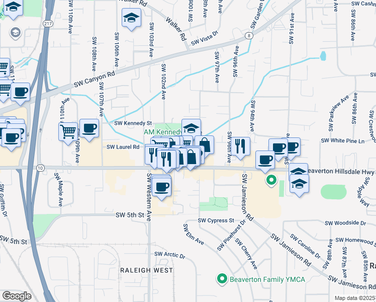 map of restaurants, bars, coffee shops, grocery stores, and more near 4525 Southwest 99th Avenue in Beaverton