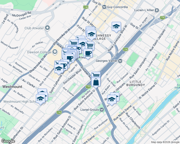 map of restaurants, bars, coffee shops, grocery stores, and more near 2300 Rue du Souvenir in Montreal