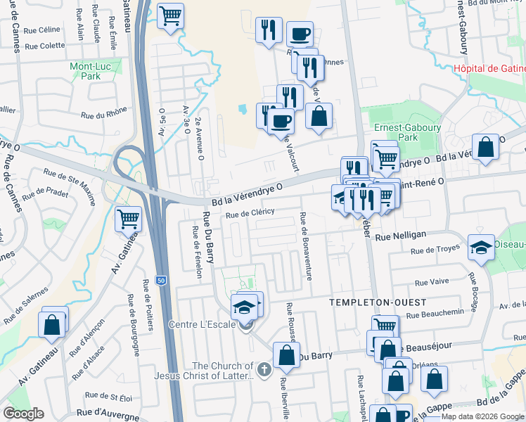 map of restaurants, bars, coffee shops, grocery stores, and more near Rue de Cléricy in Gatineau