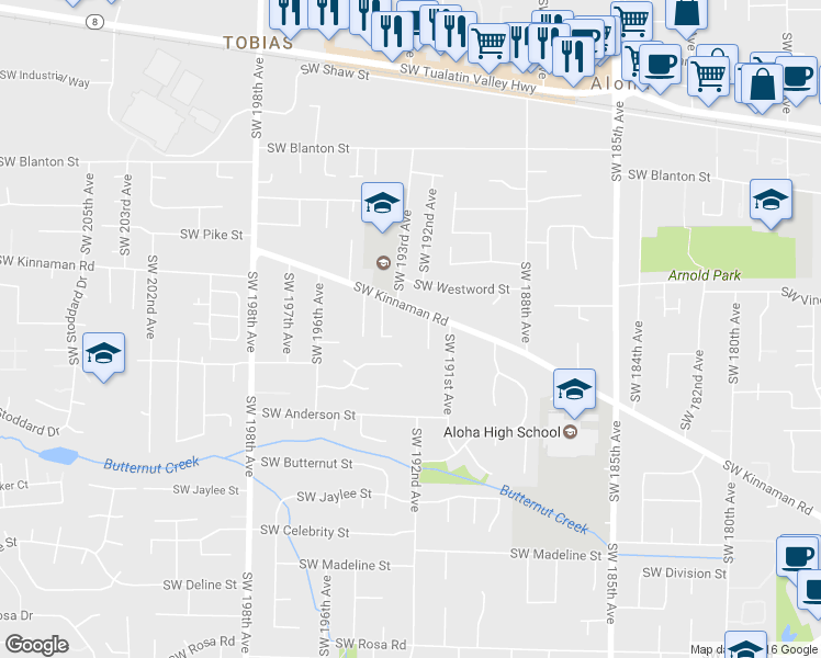 map of restaurants, bars, coffee shops, grocery stores, and more near 19220 Southwest Kinnaman Road in Beaverton