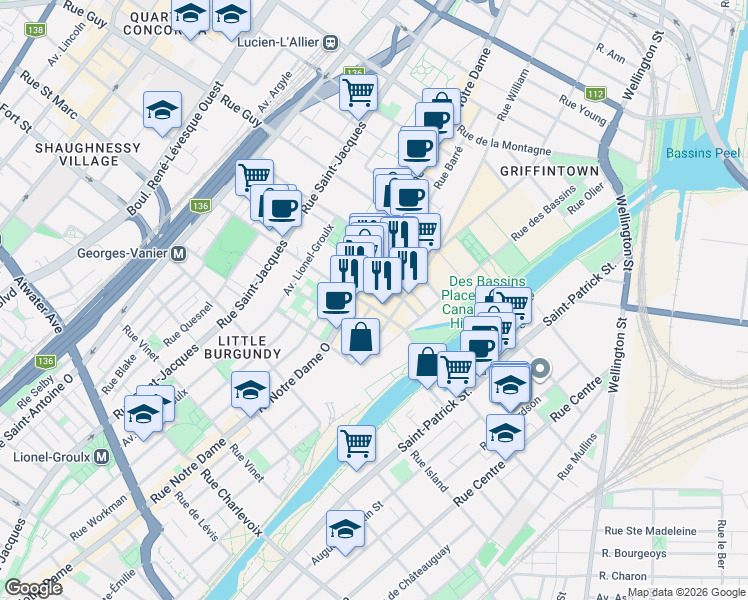 map of restaurants, bars, coffee shops, grocery stores, and more near 401 Rue des Seigneurs in Montréal