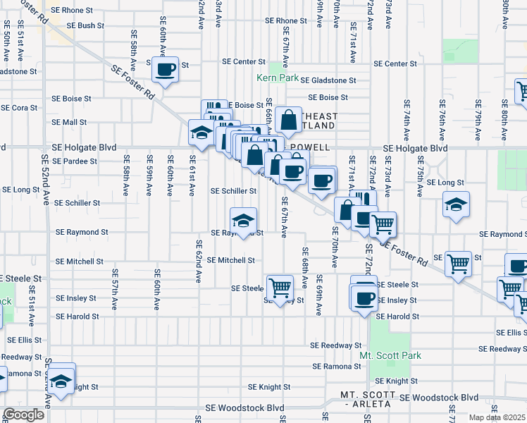 map of restaurants, bars, coffee shops, grocery stores, and more near 4852 Southeast 65th Avenue in Portland