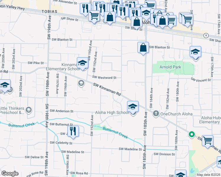 map of restaurants, bars, coffee shops, grocery stores, and more near 18985 Southwest Kinnaman Road in Beaverton