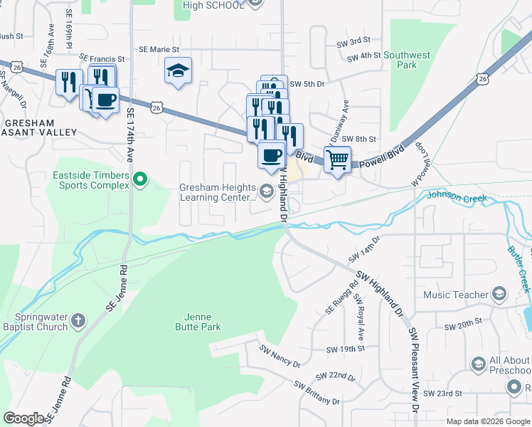 map of restaurants, bars, coffee shops, grocery stores, and more near 4532 Southwest 11th Street in Gresham