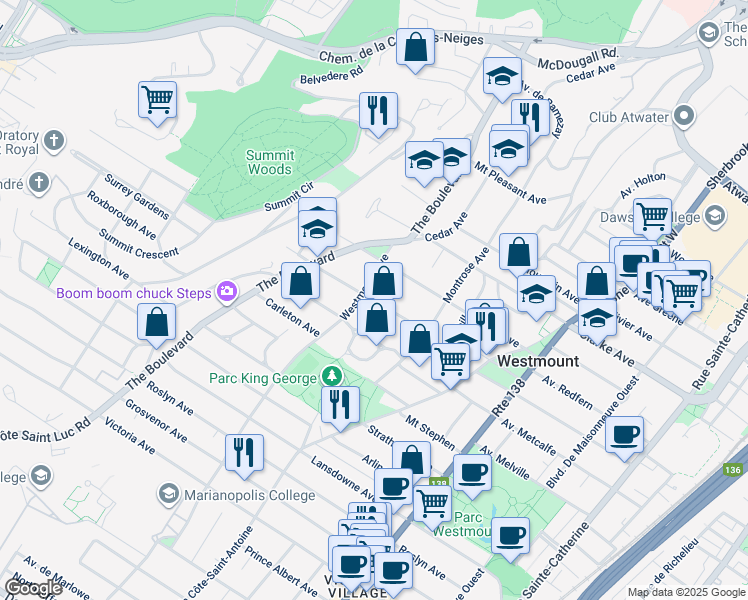 map of restaurants, bars, coffee shops, grocery stores, and more near 48 Aberdeen Avenue in Westmount