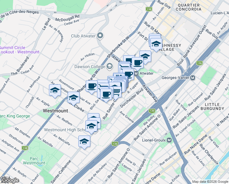 map of restaurants, bars, coffee shops, grocery stores, and more near 1 Carré Westmount in Westmount