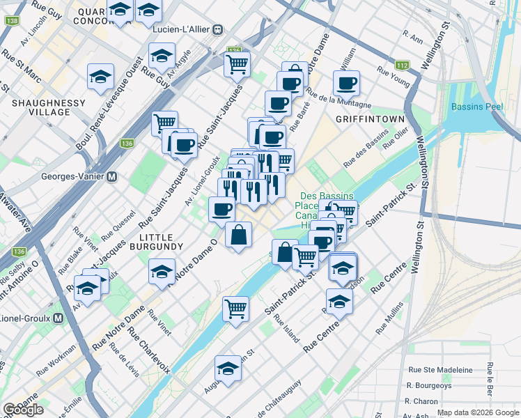 map of restaurants, bars, coffee shops, grocery stores, and more near 1811 Rue William in Montréal