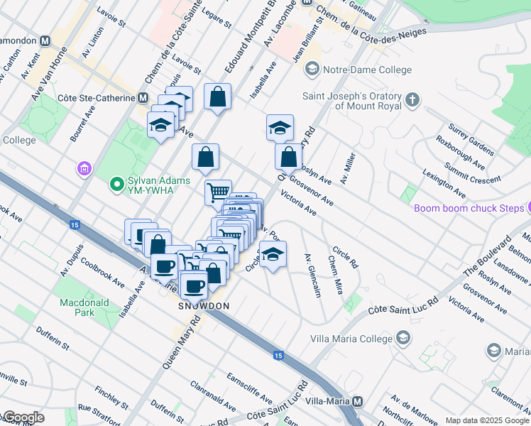 map of restaurants, bars, coffee shops, grocery stores, and more near 4860 Chemin Queen Mary in Montréal