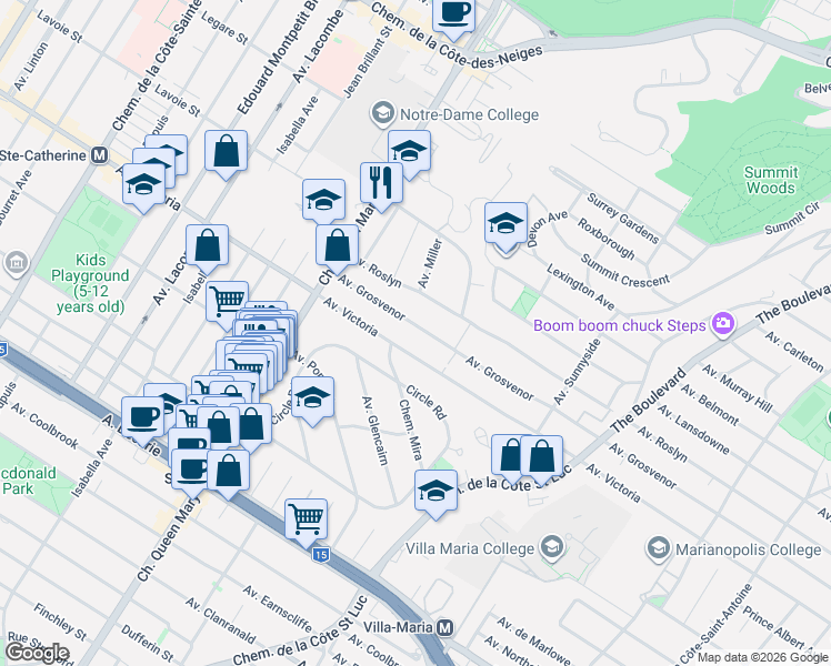 map of restaurants, bars, coffee shops, grocery stores, and more near 4906 Avenue Grosvenor in Montréal