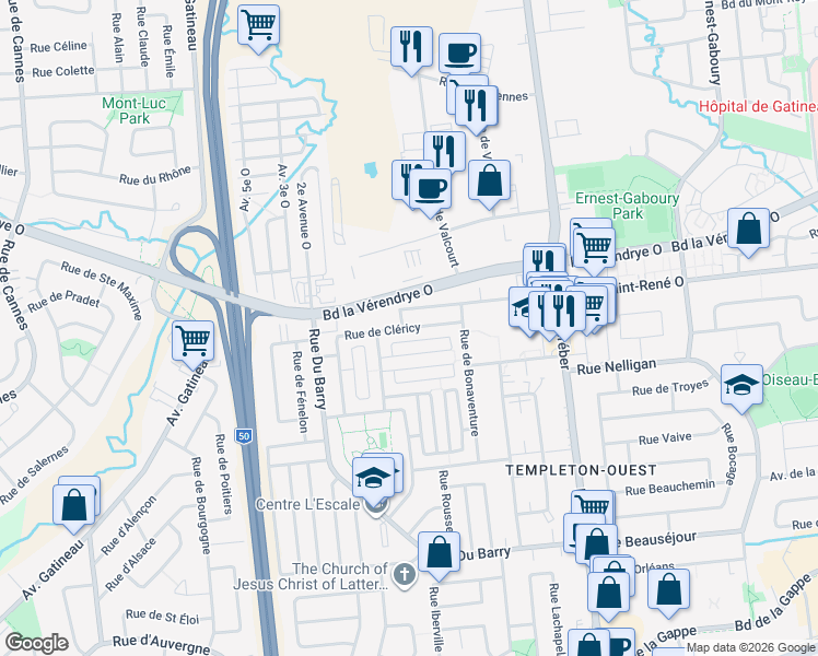map of restaurants, bars, coffee shops, grocery stores, and more near 21 Rue de Cléricy in Gatineau