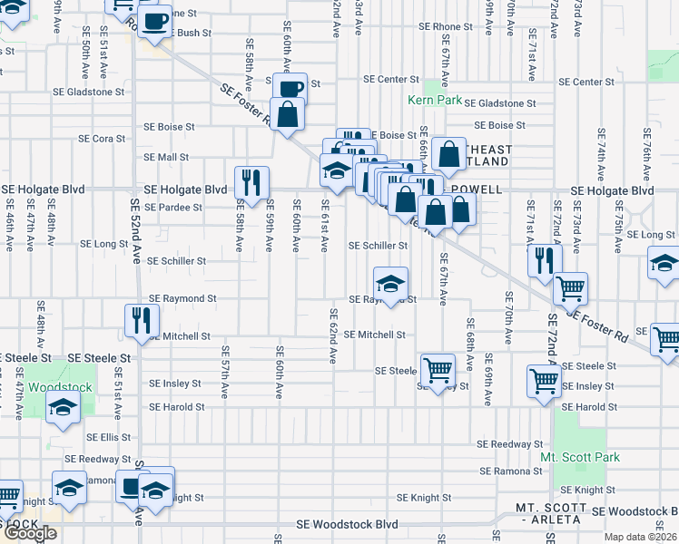 map of restaurants, bars, coffee shops, grocery stores, and more near 4847 Southeast 62nd Avenue in Portland