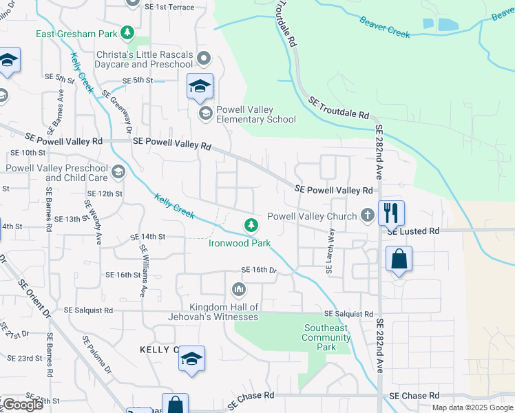 map of restaurants, bars, coffee shops, grocery stores, and more near 1276 Southeast Glacier Lane in Gresham