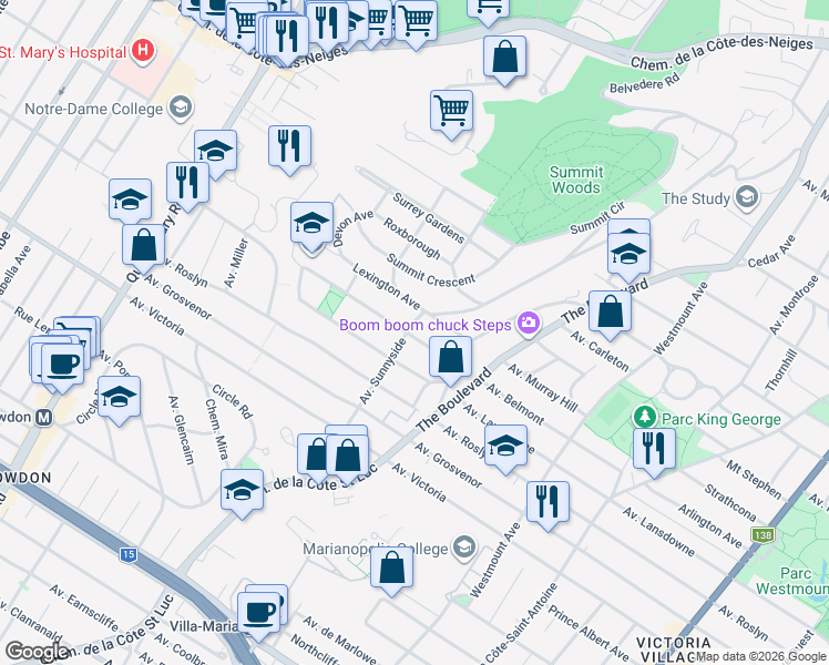 map of restaurants, bars, coffee shops, grocery stores, and more near 739 Avenue Upper Belmont in Westmount