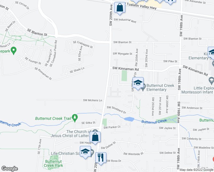 map of restaurants, bars, coffee shops, grocery stores, and more near Southwest 209th Avenue & Southwest Eggert Way in Aloha