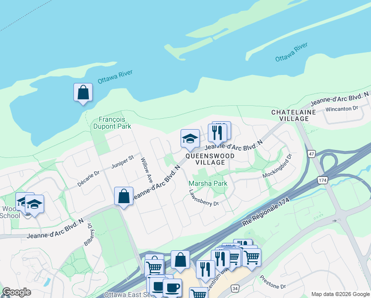 map of restaurants, bars, coffee shops, grocery stores, and more near 204 Cattail Way in Ottawa