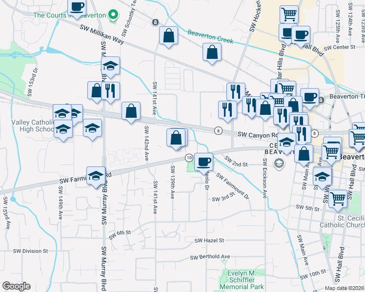 map of restaurants, bars, coffee shops, grocery stores, and more near 13779 Oregon 10 in Beaverton