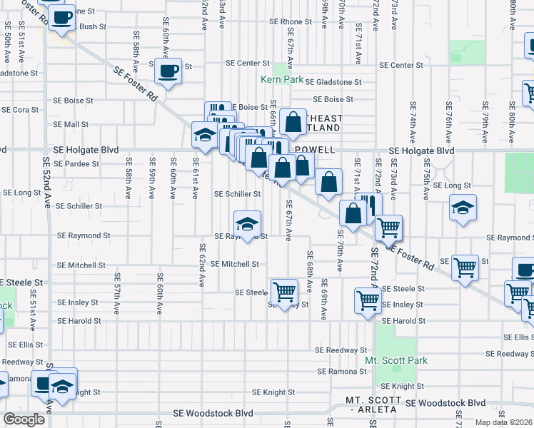 map of restaurants, bars, coffee shops, grocery stores, and more near 4852 Southeast 65th Avenue in Portland