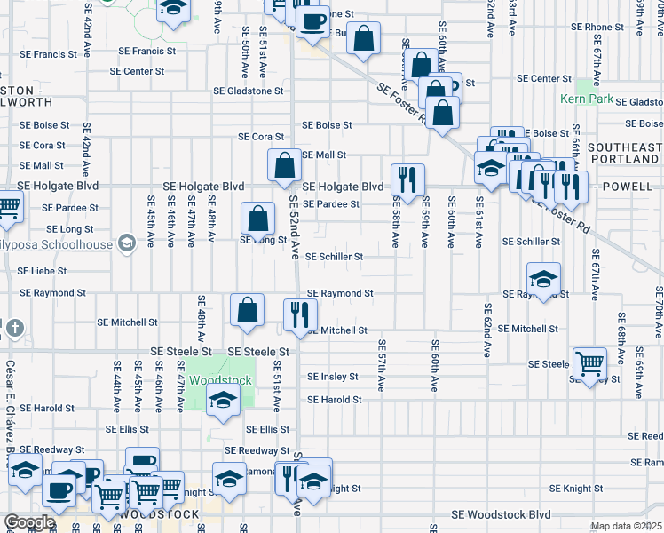map of restaurants, bars, coffee shops, grocery stores, and more near 5410 Southeast Schiller Street in Portland