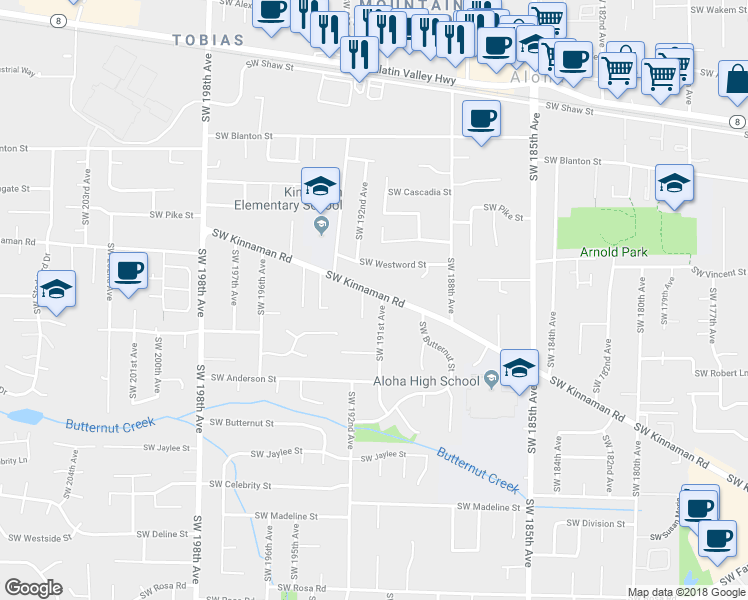 map of restaurants, bars, coffee shops, grocery stores, and more near 19120 Southwest Kinnaman Road in Aloha