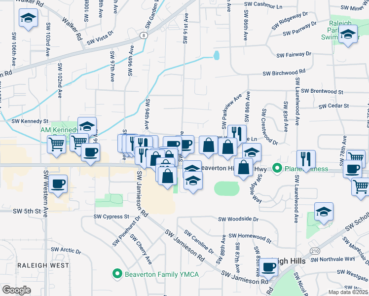 map of restaurants, bars, coffee shops, grocery stores, and more near 4480 Southwest 91st Avenue in Portland