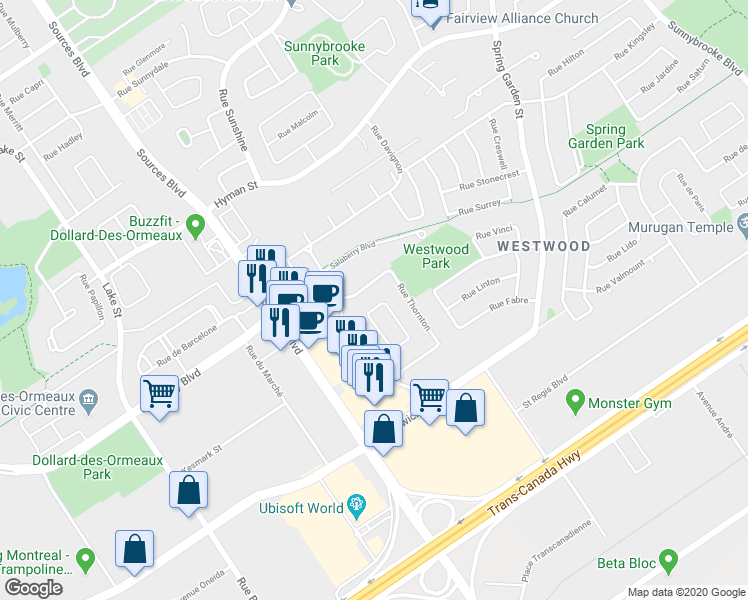 map of restaurants, bars, coffee shops, grocery stores, and more near 37 Rue Fountain in Dollard-des-Ormeaux