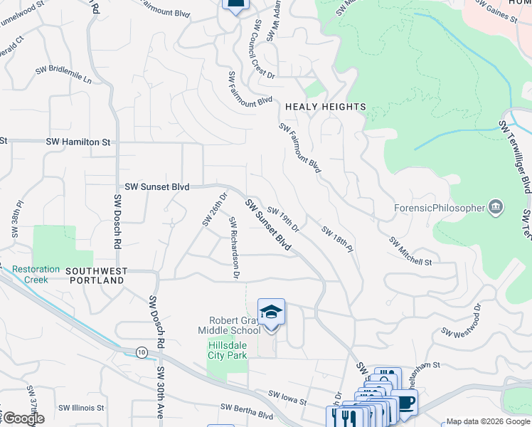 map of restaurants, bars, coffee shops, grocery stores, and more near 4875 Southwest 19th Drive in Portland