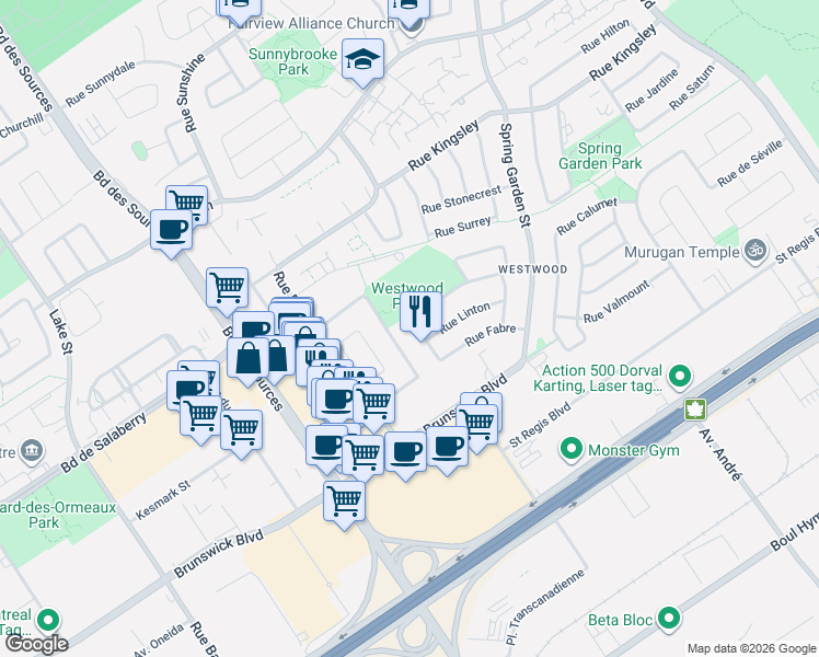 map of restaurants, bars, coffee shops, grocery stores, and more near 47 Rue Fabre in Dollard-des-Ormeaux