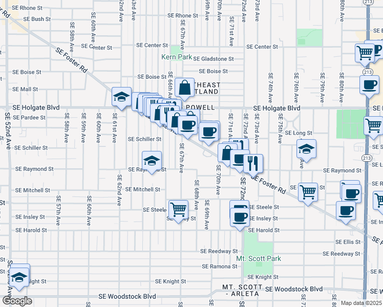 map of restaurants, bars, coffee shops, grocery stores, and more near 6868 Southeast Foster Road in Portland