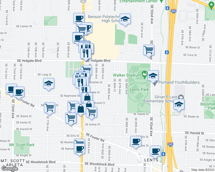 map of restaurants, bars, coffee shops, grocery stores, and more near 4819 Southeast 86th Avenue in Portland