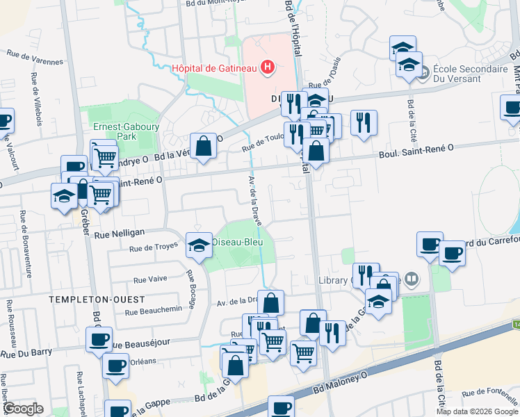 map of restaurants, bars, coffee shops, grocery stores, and more near 133 Avenue de la Drave in Gatineau