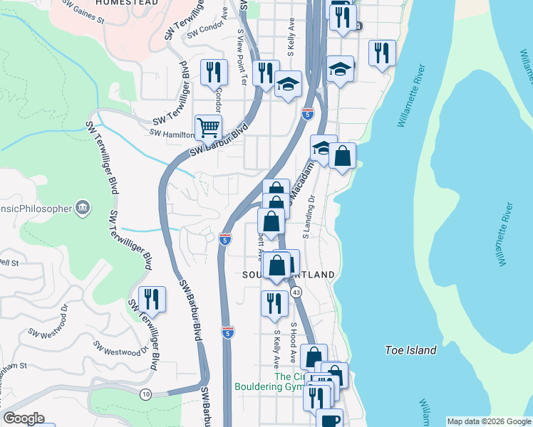 map of restaurants, bars, coffee shops, grocery stores, and more near 4949 South Macadam Avenue in Portland