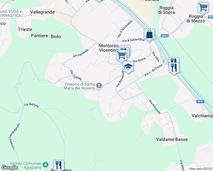 map of restaurants, bars, coffee shops, grocery stores, and more near 27 Via Pasubio in Montorso Vicentino