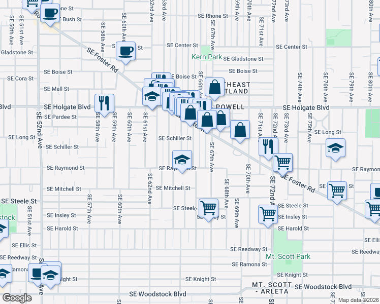 map of restaurants, bars, coffee shops, grocery stores, and more near 4848 Southeast 64th Avenue in Portland
