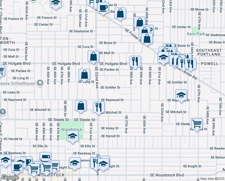 map of restaurants, bars, coffee shops, grocery stores, and more near 5410 Southeast Schiller Street in Portland