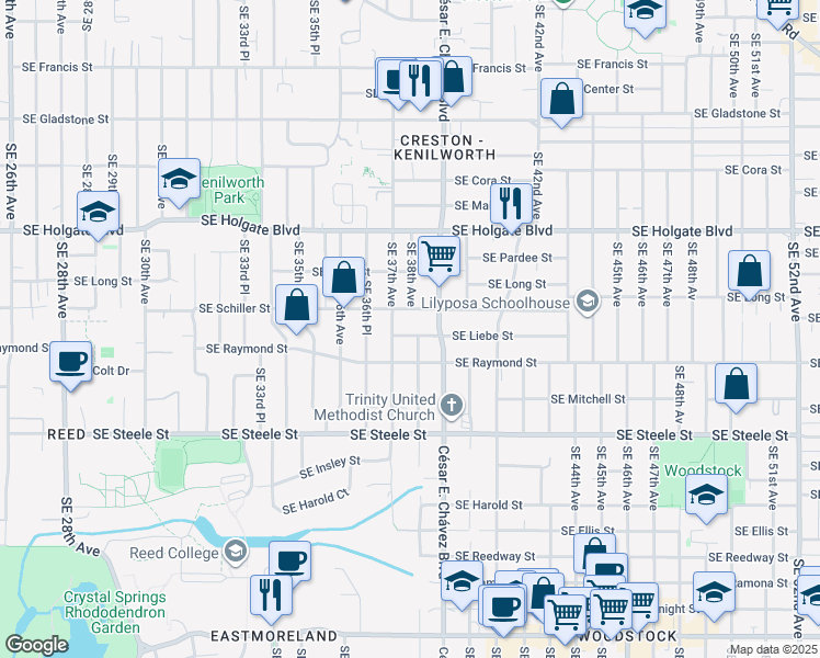 map of restaurants, bars, coffee shops, grocery stores, and more near 3747 Southeast Liebe Street in Portland