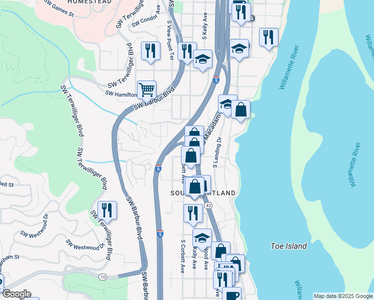 map of restaurants, bars, coffee shops, grocery stores, and more near 4949 South Macadam Avenue in Portland