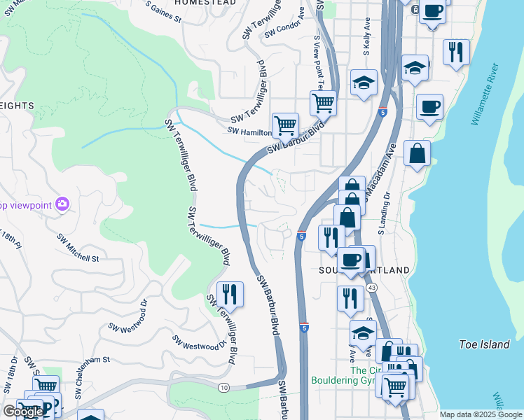 map of restaurants, bars, coffee shops, grocery stores, and more near 4950 Southwest Barbur Boulevard in Portland