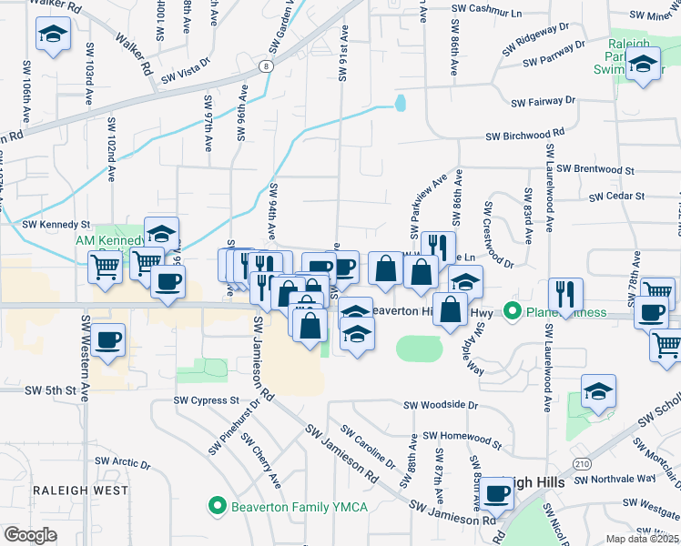 map of restaurants, bars, coffee shops, grocery stores, and more near 4480 Southwest 91st Avenue in Portland