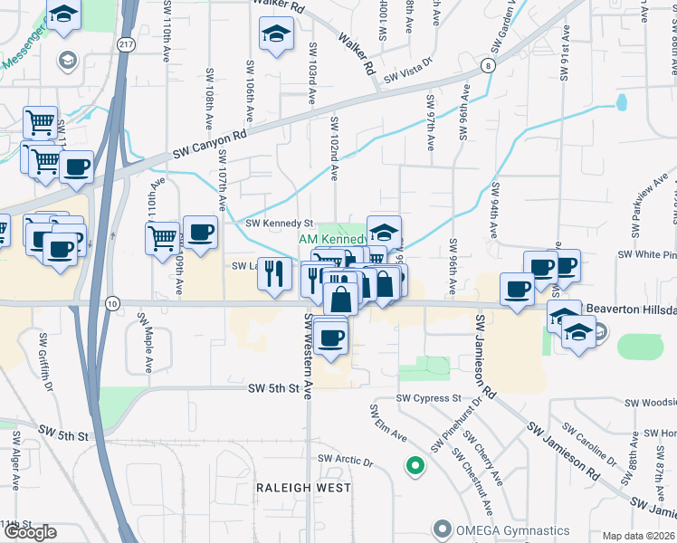 map of restaurants, bars, coffee shops, grocery stores, and more near 4480 Southwest 101st Avenue in Beaverton
