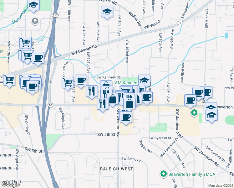 map of restaurants, bars, coffee shops, grocery stores, and more near 10180 Southwest Laurel Street in Beaverton
