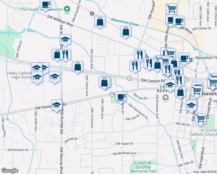 map of restaurants, bars, coffee shops, grocery stores, and more near 13779 Oregon 10 in Beaverton