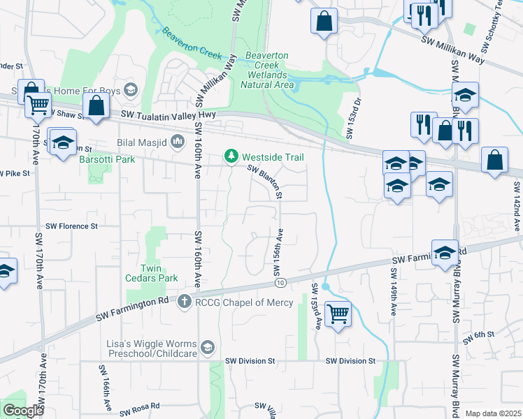 map of restaurants, bars, coffee shops, grocery stores, and more near 4570 Southwest Mueller Drive in Beaverton