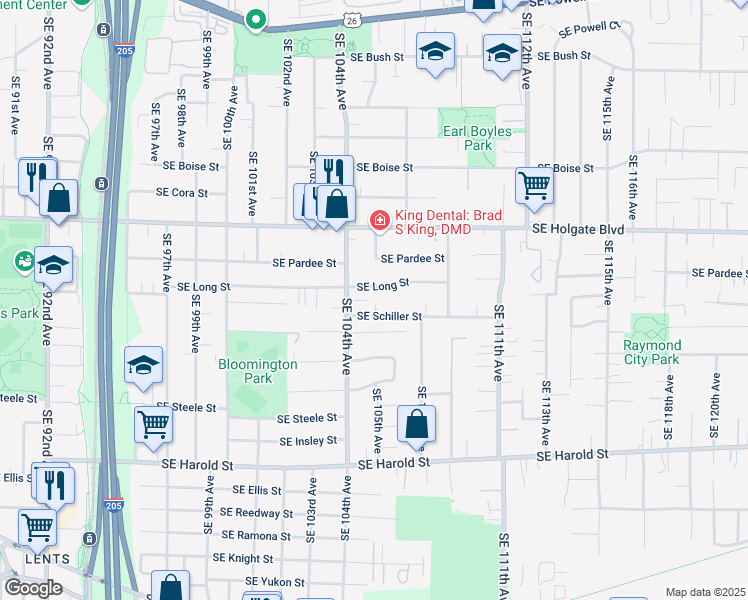 map of restaurants, bars, coffee shops, grocery stores, and more near 10509 Southeast Schiller Street in Portland