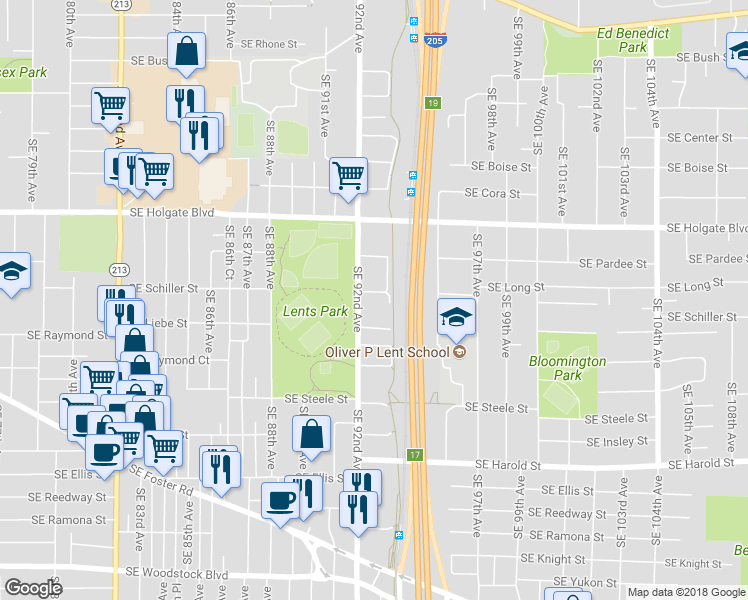 map of restaurants, bars, coffee shops, grocery stores, and more near 4816 Southeast 92nd Avenue in Portland