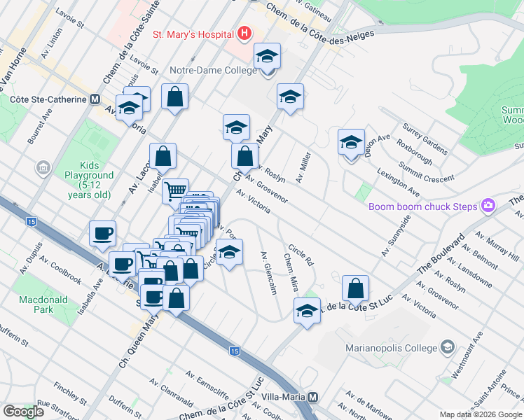 map of restaurants, bars, coffee shops, grocery stores, and more near 4982 Avenue Victoria in Montréal
