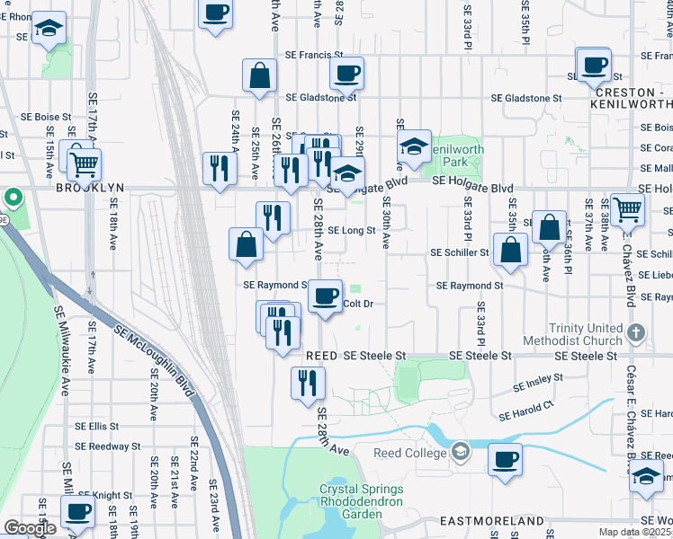 map of restaurants, bars, coffee shops, grocery stores, and more near 4922 Southeast 28th Avenue in Portland