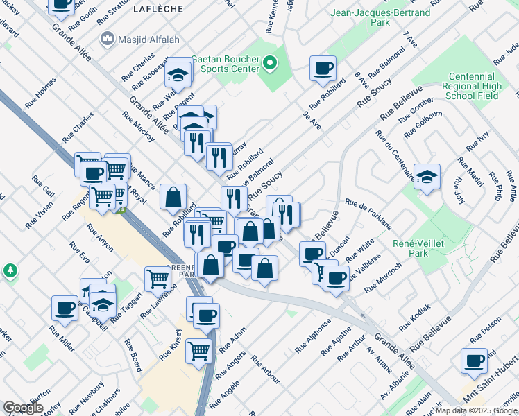 map of restaurants, bars, coffee shops, grocery stores, and more near 4115 Grande Allée in Longueuil