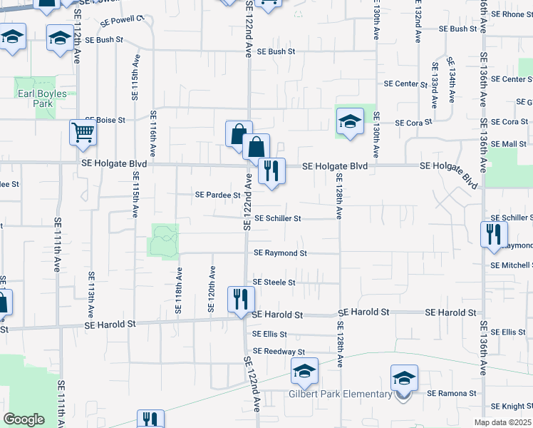 map of restaurants, bars, coffee shops, grocery stores, and more near 12253 Southeast Schiller Street in Portland