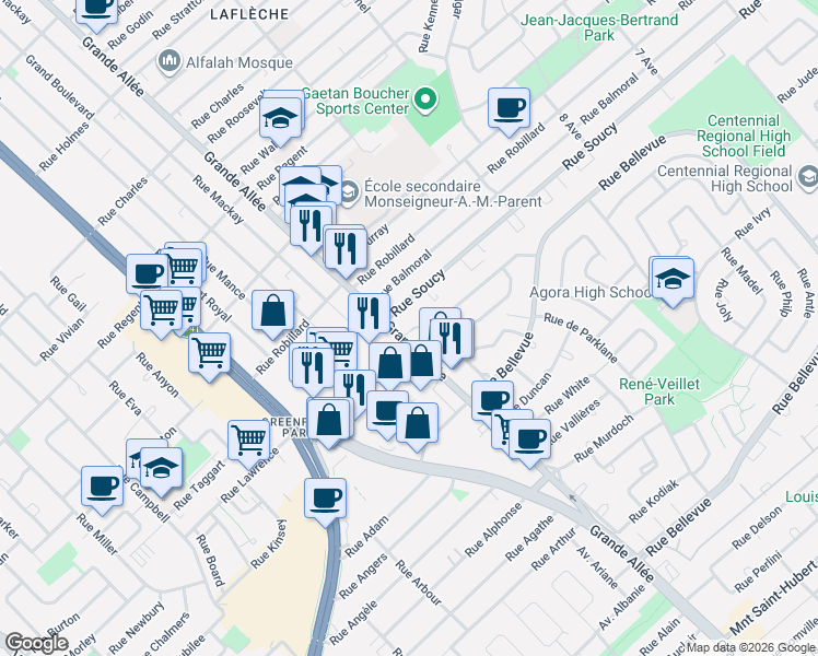 map of restaurants, bars, coffee shops, grocery stores, and more near 4119 Grande Allée in Longueuil