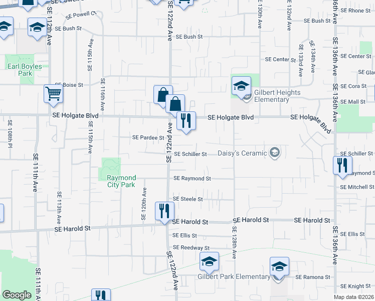 map of restaurants, bars, coffee shops, grocery stores, and more near 12333 Southeast Schiller Street in Portland